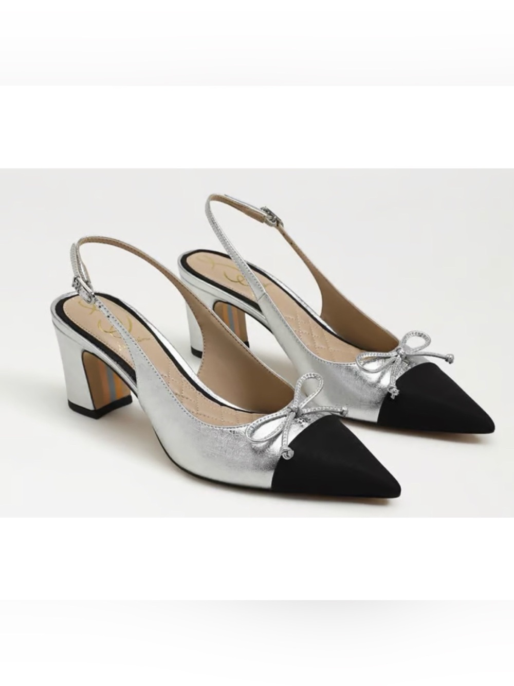 Sam Edelman Willette Slingback Block Heel in Silver/Black Leather Size 6
